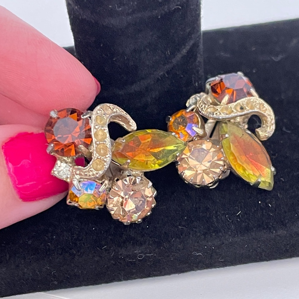 Vintage Amber Colored Rhinestone Fall Autumn Whimsical Fairy Wedding Earrings - Picture 9 of 9